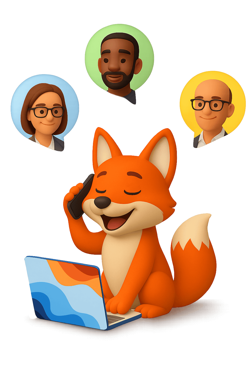 A cute 3D fox sitting in front of a laptop talking to AI personas on his phone.